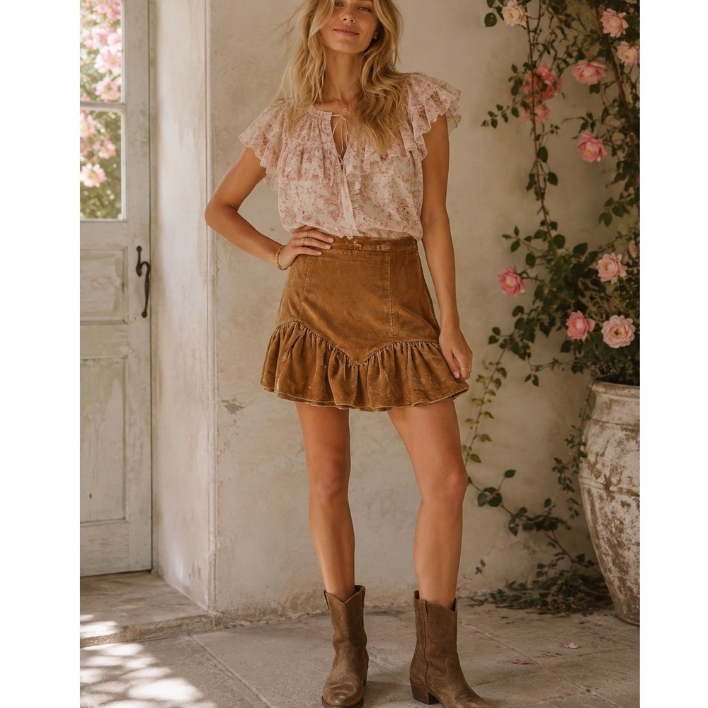 LoveShackFancy Velvet Ruffle Mini Skirt Brown Size 6 Romantic Cottagecore
